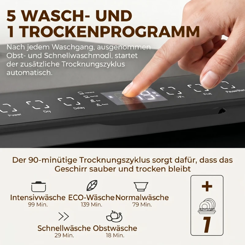 HOMCOM Tischgeschirrspüler, mit integriertem 6-Liter-Wassertank, 5 Programmen, 4 Gedecke, LED-Display Schwarz
