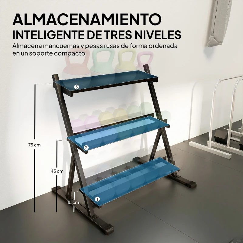 SPORTNOW Soporte para Mancuernas de 3 Niveles Estante de Pesas de Acero con Barras Ajustables para Gimnasio Casa Carga 200 kg