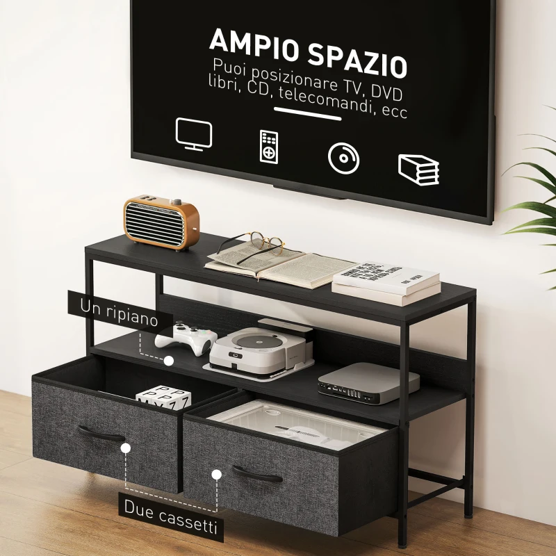 HOMCOM Mobile Porta TV da 47" con Cassetti Pieghevoli in Tessuto e Mensola in Metallo e MDF, 98x29x56 cm, Nero