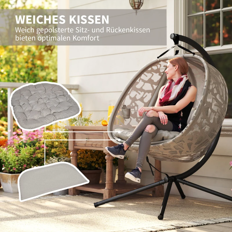 Outsunny Hängesessel, für 2 Personen, klappbarer Sitzkorb, großes Sitzkissen, Sand, 130 x 103 x 172 cm