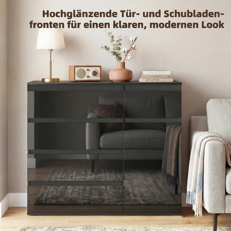 HOMCOM Modernes Sideboard, Stauraum-Sideboard mit 5 Schubladen, verstellbarem Regal, Soft-Close-Tür, Schwarz Hochglanz
