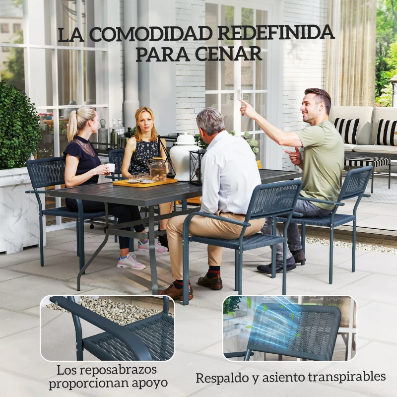Outsunny Juego de 4 Sillas de Jardín Exterior Apilables con Reposabrazos Respaldo y Marco de Acero 55x60x83 cm Gris Oscuro