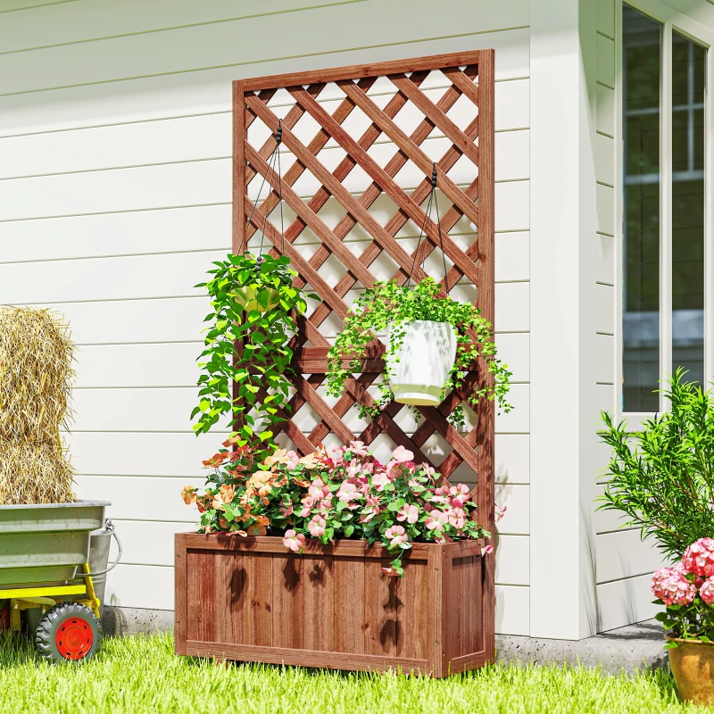 Outsunny Jardinière d'Extérieur avec Épaulière à Grille pour Plantes Grimpantes et Vase, Jardinière en Bois de Sapin Durable, 72,5 x 31,5 x 149,5 cm, Orange
