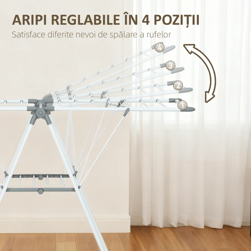 HOMCOM Uscător de Rufe cu 2 Niveluri Reglabil pe 4 Înălțimi, Uscător cu Picioare Antiderapante din Metal și Plastic, 156,5x61,5x97 cm, Alb