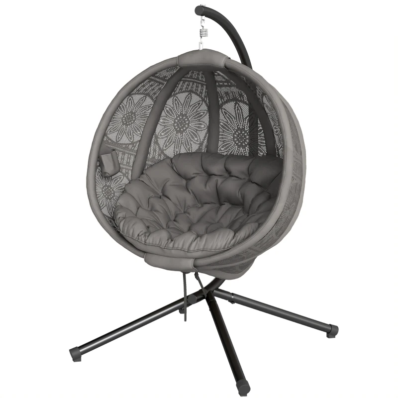 Outsunny Round Egg Basket Chair, with Steel Stand, Charcoal Grey