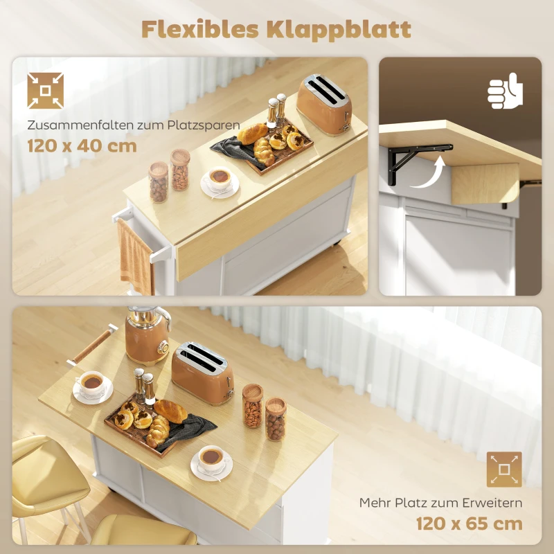 HOMCOM Fahrbare Kücheninsel, erweiterbare Oberfläche, Schranktüren, Schubladen, Handtuchhalter, Küchenwagen aus MDF, Weiß