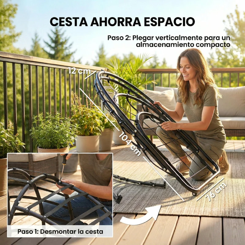 Outsunny Silla Colgante Huevo con Soporte Cesta Plegable Reposacabezas Cojín Bolsillo Lateral Carga 120 kg Gris Oscuro