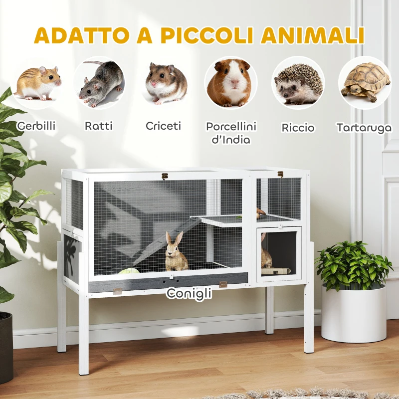 PawHut Gabbia per Conigli e Criceti da Interno Rialzata con Vassoio Estraibile e Tetto Apribile, Grigio