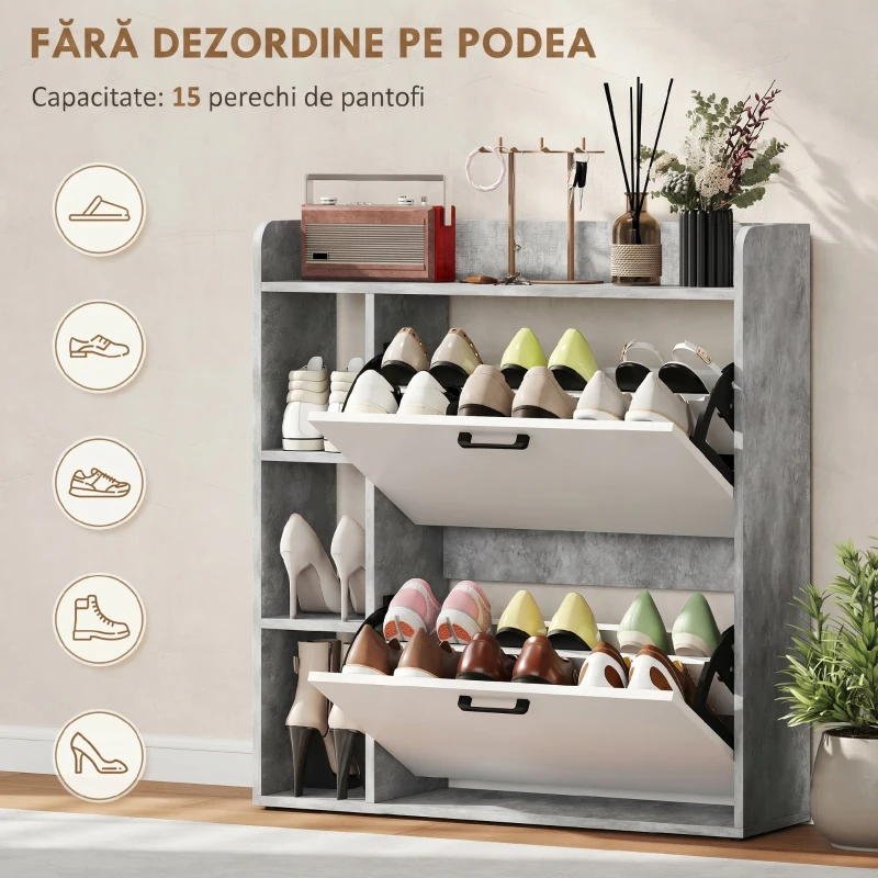 HOMCOM Scarpieră Slim cu 2 Sertare Rabatabile și 3 Compartimente Deschise, Capacitate 15 Pantofi, 83x24x90.5 cm, Gri