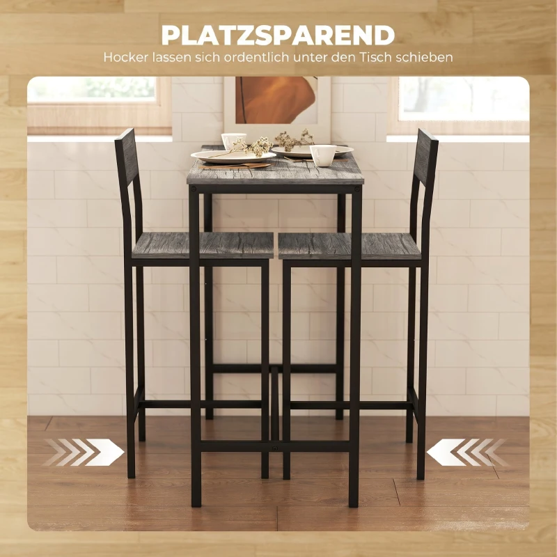 HOMCOM Ensemble table de bar avec tabourets, table à manger debout avec 2 chaises de bar, repose-pieds et dossiers, gris