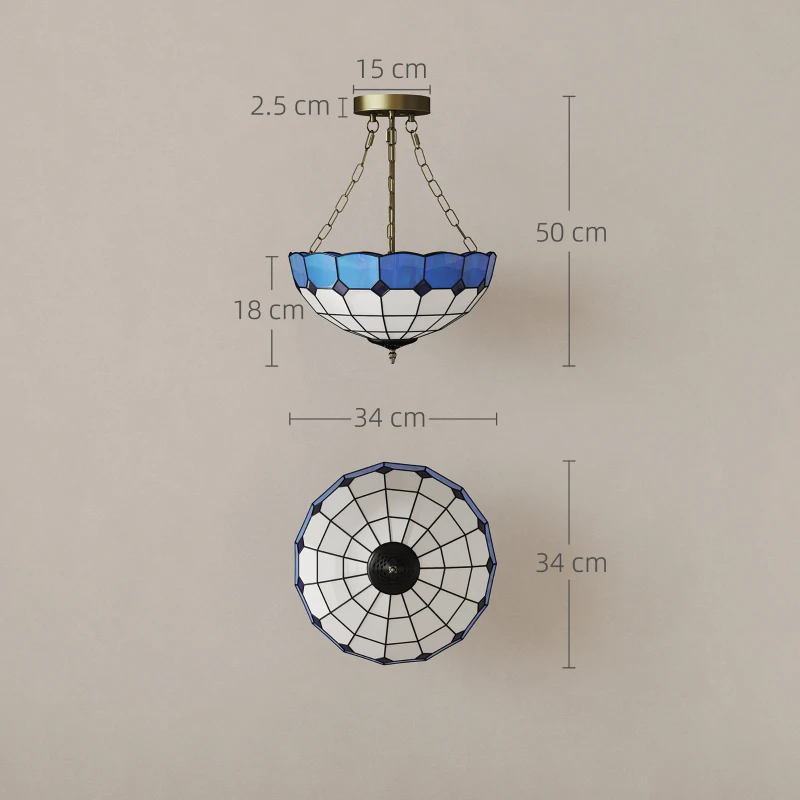 HOMCOM Tiffany Style Ceiling Light, Vintage Chandelier with 3 E27 Sockets, Semi Flush Mount for Living Room, Bulbs Not Included