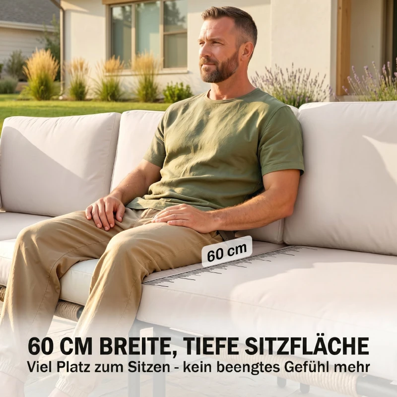 Outsunny Polyrattan Gartenmöbel Set 5-teilig mit 2 Eckstühlen, 2 Hocker und Tisch Breit & Tief Sitz abnehmbar Kissen Khaki