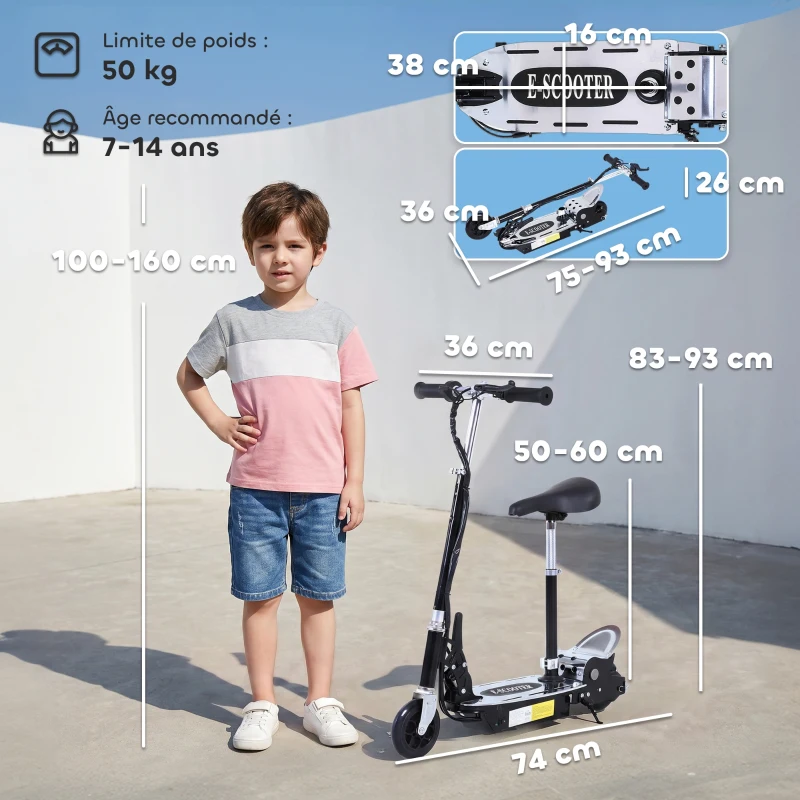 HOMCOM Trottinette électrique 120 W pliable pour enfant de 7 à 12 ans hauteur guidon et selle réglable 10 Km/h max. noir
