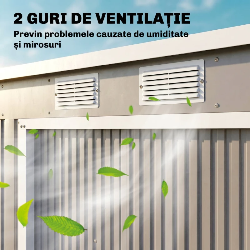 Outsunny Magazie pentru unelte cu acoperiș înclinat, 2 intrări și fante de aerisire, din oțel galvanizat, 213x130x172 cm, gri(m-7)