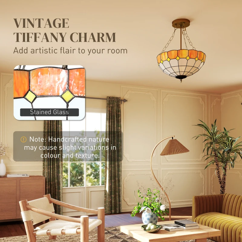 HOMCOM Tiffany Style Ceiling Light, Vintage Chandelier with 3 E27 Sockets, Semi Flush Mount for Living Room, Bulbs Not Included