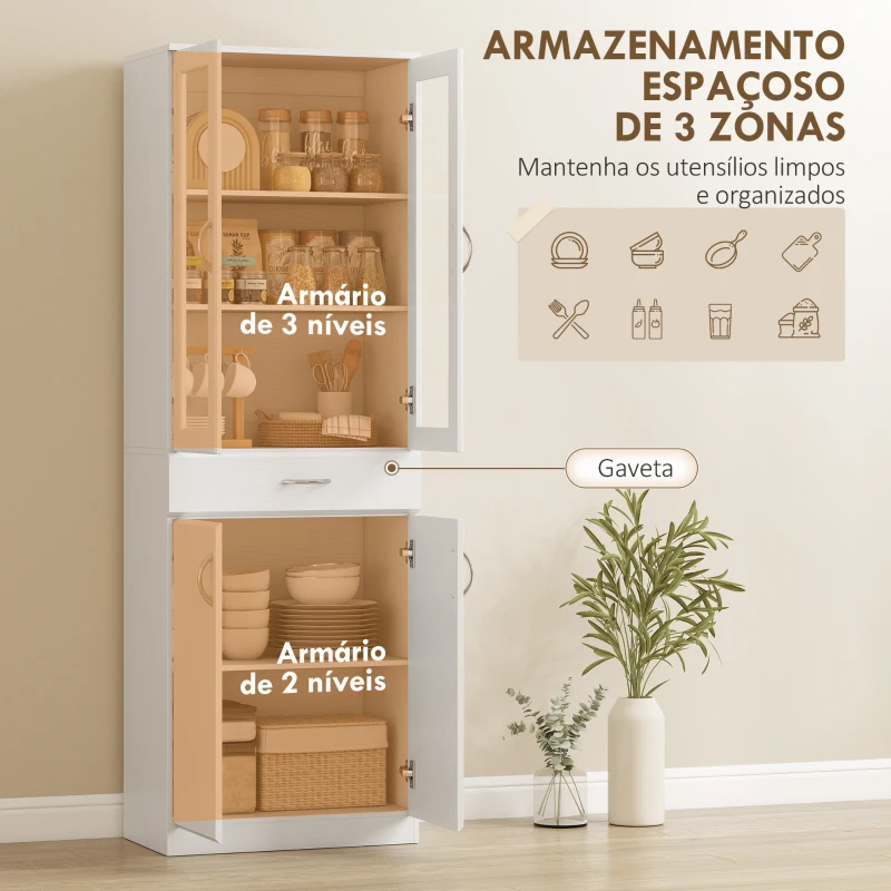 HOMCOM Armário de Cozinha com Portas de Vidro Gaveta Prateleiras Ajustáveis para Sala de Jantar Sala 60x35x180 cm Branco