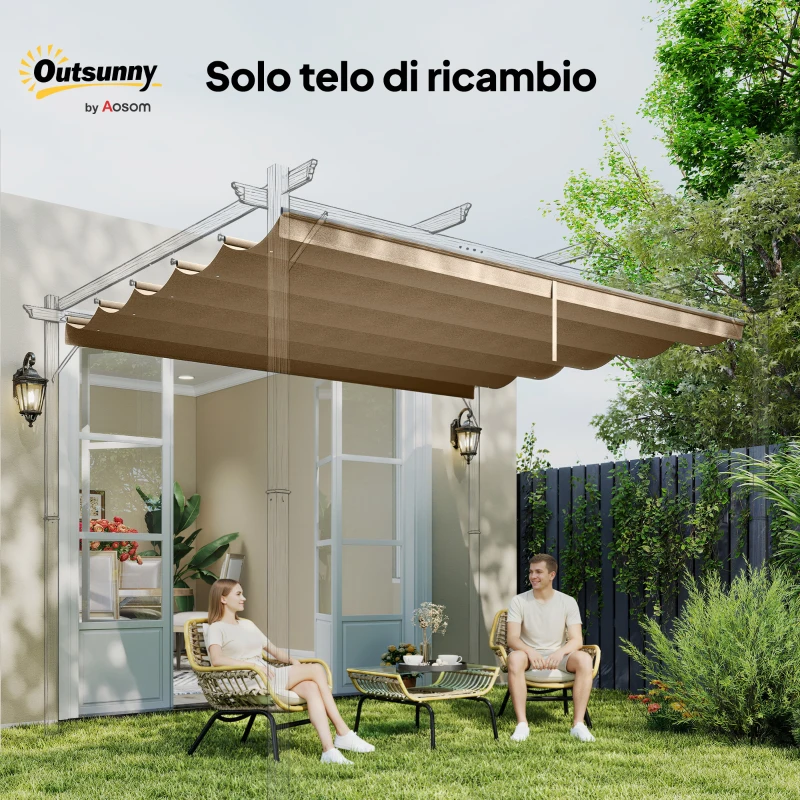 Outsunny Tetto per Gazebo Pergola con 10 Fori di Drenaggio in Poliestere, 350x260 cm, per Pergola 4x3m, Marrone Chiaro