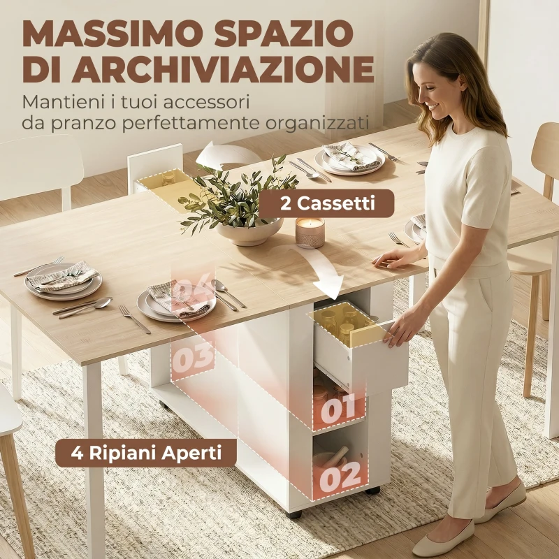 HOMCOM Tavolo Pieghevole per 6 Persone con 2 Cassetti e 4 Ripiani.