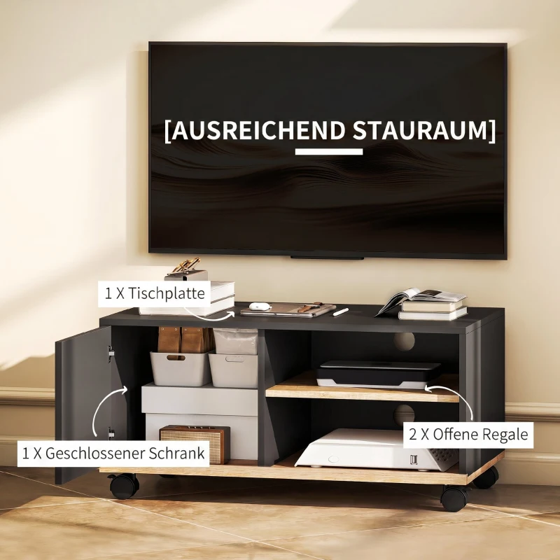 HOMCOM TV-Board auf Rollen mit Bremsen, TV-Möbel mit Schrank und verstellbarer Ablage, Schwarz und Eiche