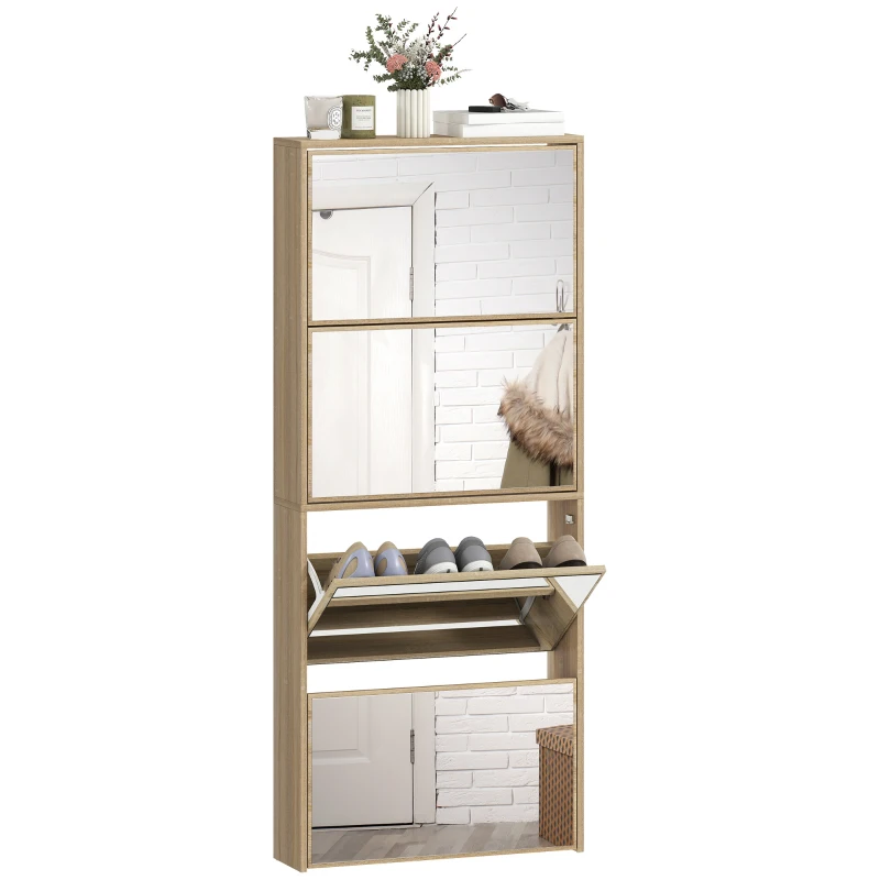 HOMCOM Scarpiera a Specchio a 4 Ante Antiribaltamento in Legno, 63x17x146 cm, color Legno