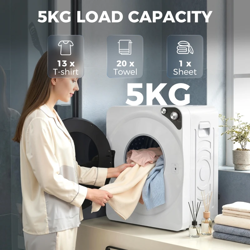HOMCOM 5kg Vented Tumble Dryer, 1000W Compact Tumble Dryer with 5 Drying Modes, Stainless Steel Tub, White