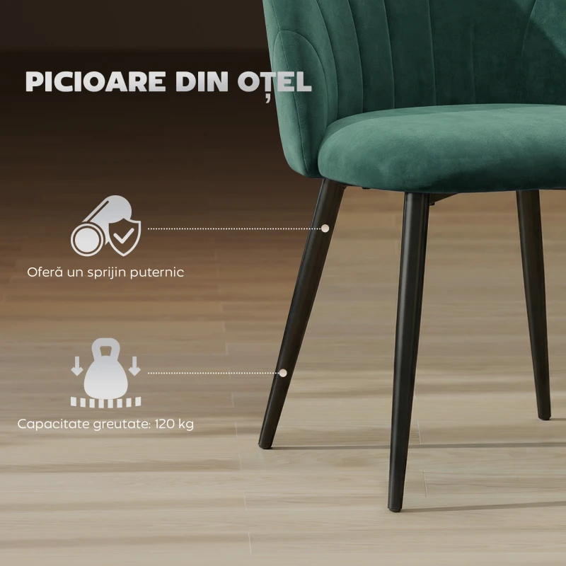HOMCOM Set 2 Scaune de Sufragerie Tapițate cu Spătar în Formă de Scoică din Catifea, 52x55x79 cm, Verde Închis
