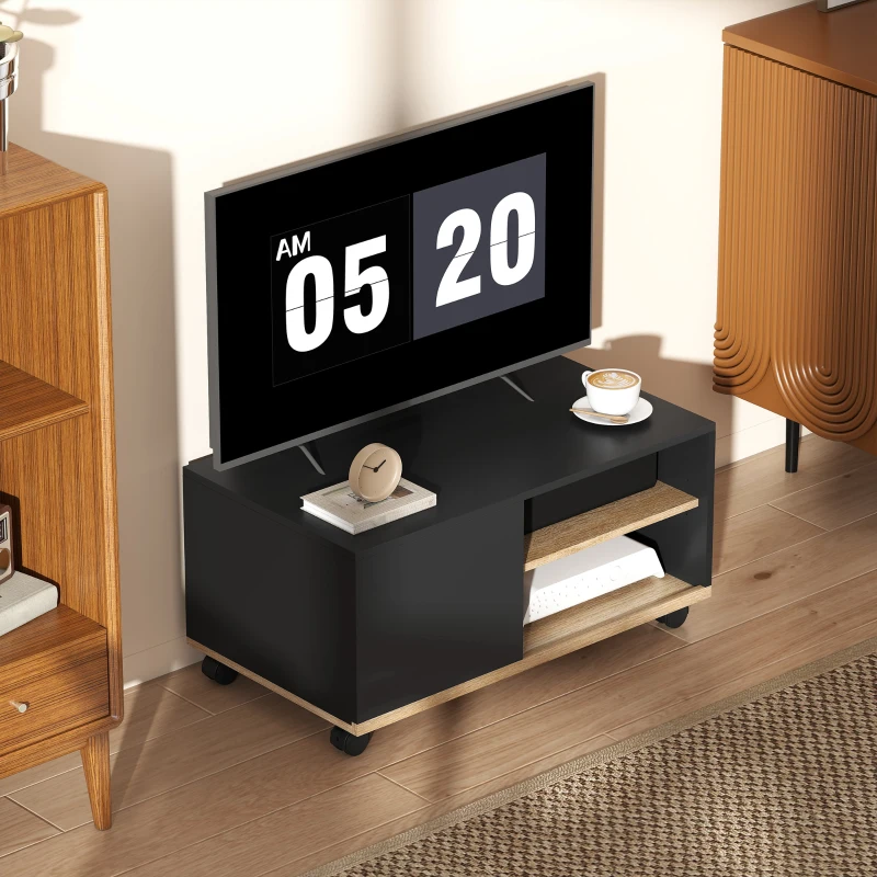 HOMCOM TV-board op wielen met remmen, tv-meubel met kast en verstelbare plank, zwart en eiken