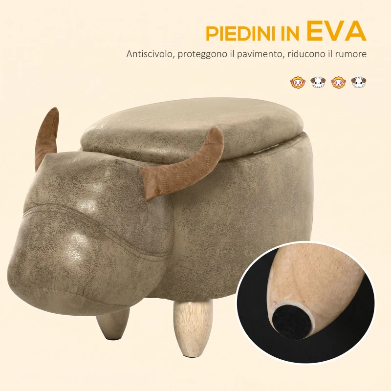 HOMCOM Pouf Contenitore a Forma di Bufalo, Pouf Moderno da Salotto, Sgabello Poggiapiedi, Struttura in Legno, Seduta Imbottita, 62x35x36cm, Marrone
