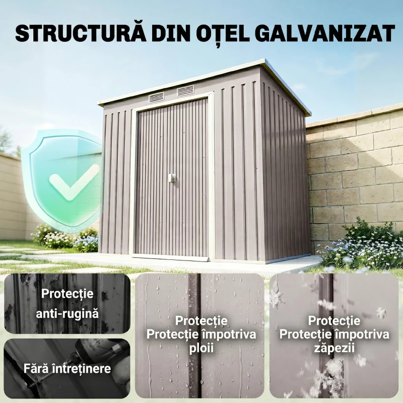 Outsunny Magazie pentru unelte cu acoperiș înclinat, 2 intrări și fante de aerisire, din oțel galvanizat, 213x130x172 cm, gri(m-4)