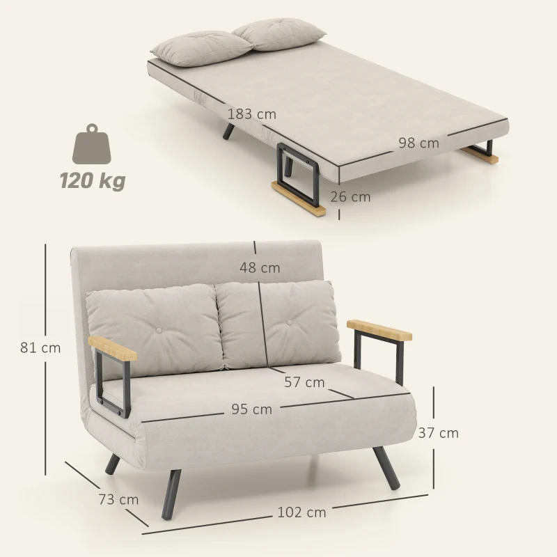 HOMCOM, Canapea Extensibilă 3 în 1, Cu Spătar Reglabil, Material tip catifea, 102x73x81 cm, Bej