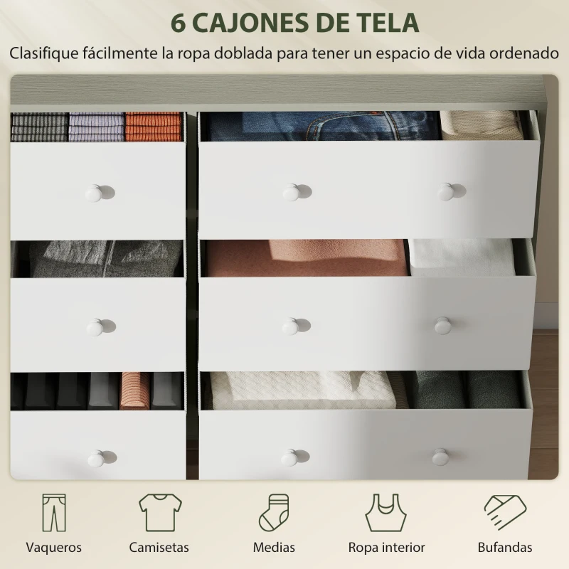 HOMCOM Cómoda con 6 Cajones de Tela Marco de Acero y MDF Cajonera para Salón Oficina Vestidor Blanco y Gris
