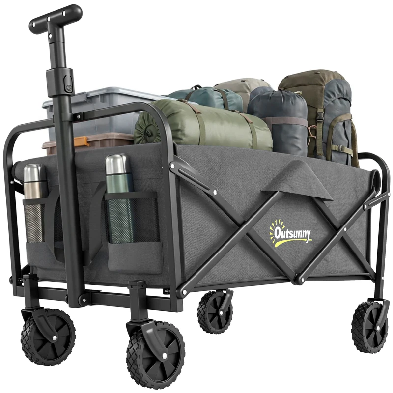 Outsunny 93L Festival Trolley on Wheels, Garden Folding Trolley Cart, 120kg Heavy Duty Collapsible Folding Wagon with Adjustable Handle and Carrying Bag for Beach, Camping, Festival, Grey