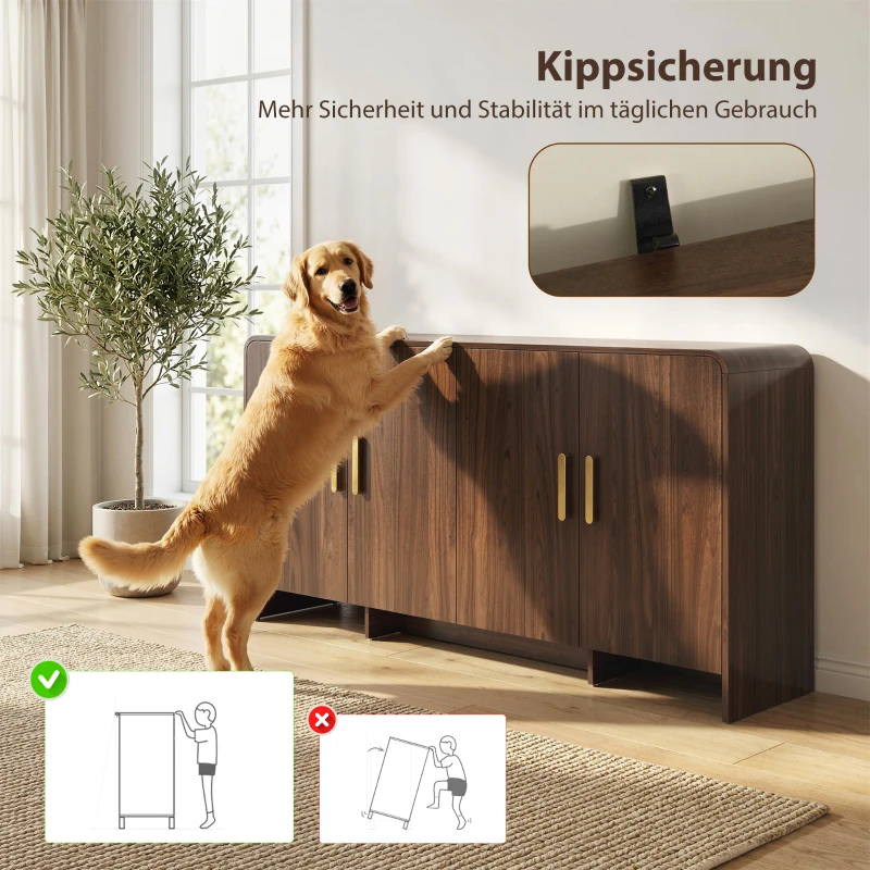 HOMCOM 152 cm Sideboard Küchenschrank mit 4 Soft-Close-Türen, TV-Schrank für Wohnzimmer Küche, Walnussbraun