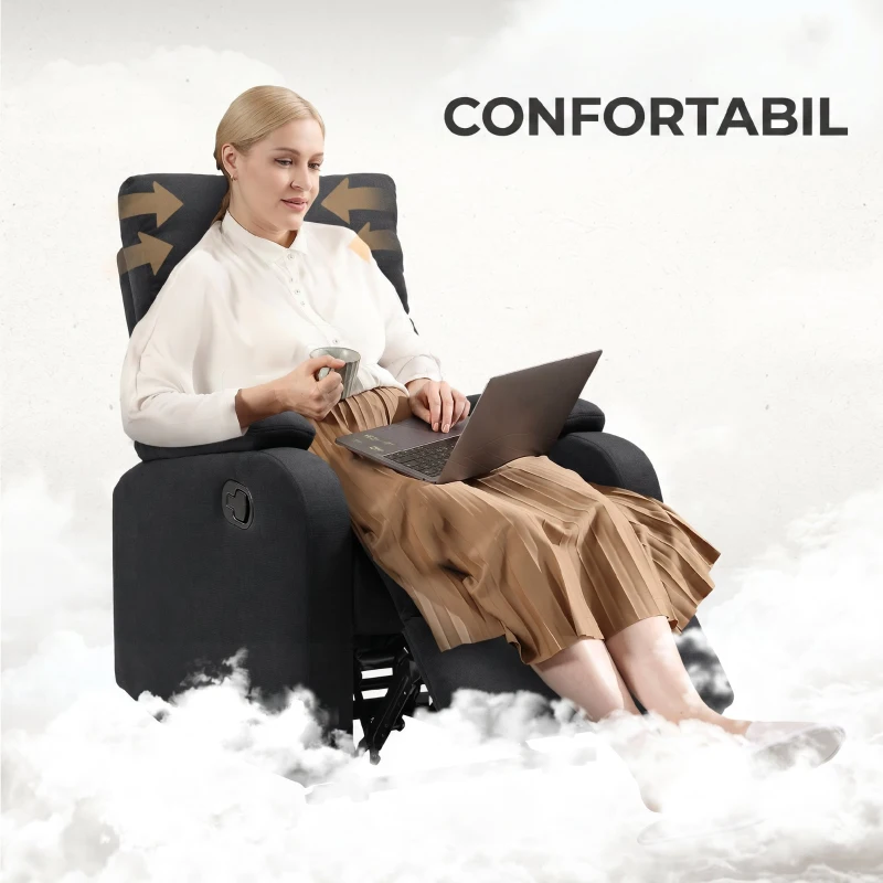 HOMCOM Fotoliu Reclinabil Manual la 60° cu Extra Căptușeală din Țesătură și Suport pentru Picioare, Negru