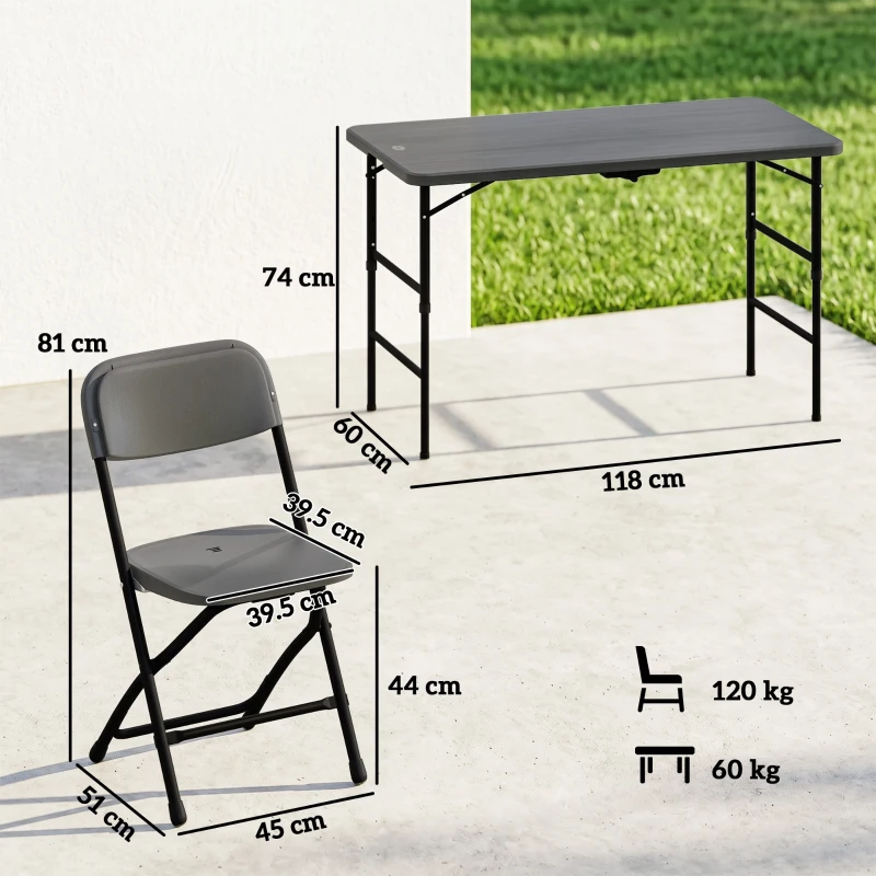 Outsunny Set Tavolo Regolabile e 4 Sedie da Giardino Pieghevoli in HDPE Effetto Legno, Grigio Scuro