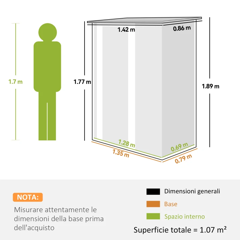 Outsunny Capanno Porta Attrezzi in Metallo con Tetto Inclinato e Porta Bloccabile, 142x86x189 cm, Verde