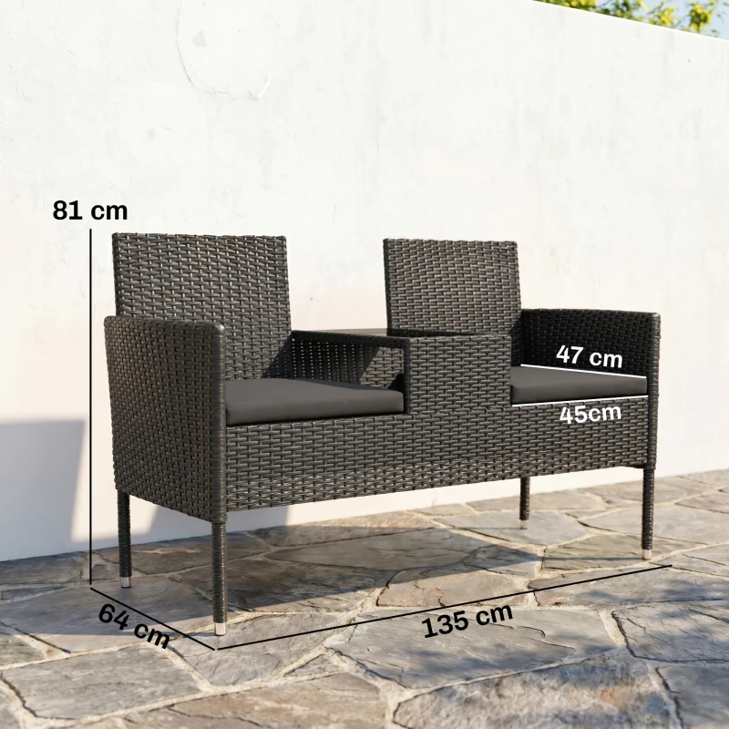 Outsunny Divanetto per Esterni 2 Posti con Tavolino da Caffè, in Acciaio e Rattan PE, 137x59x82 cm, Nero