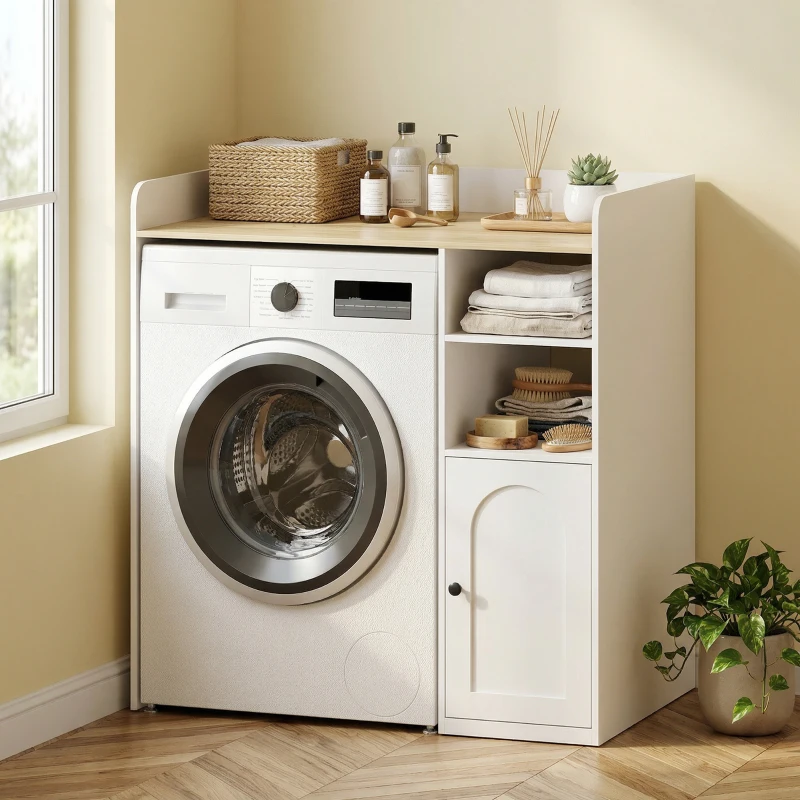 HOMCOM Meuble machine à laver, armoire machine a laver avec compartiments ouverts et porte, 93,5 x 60 x 100 cm, blanc