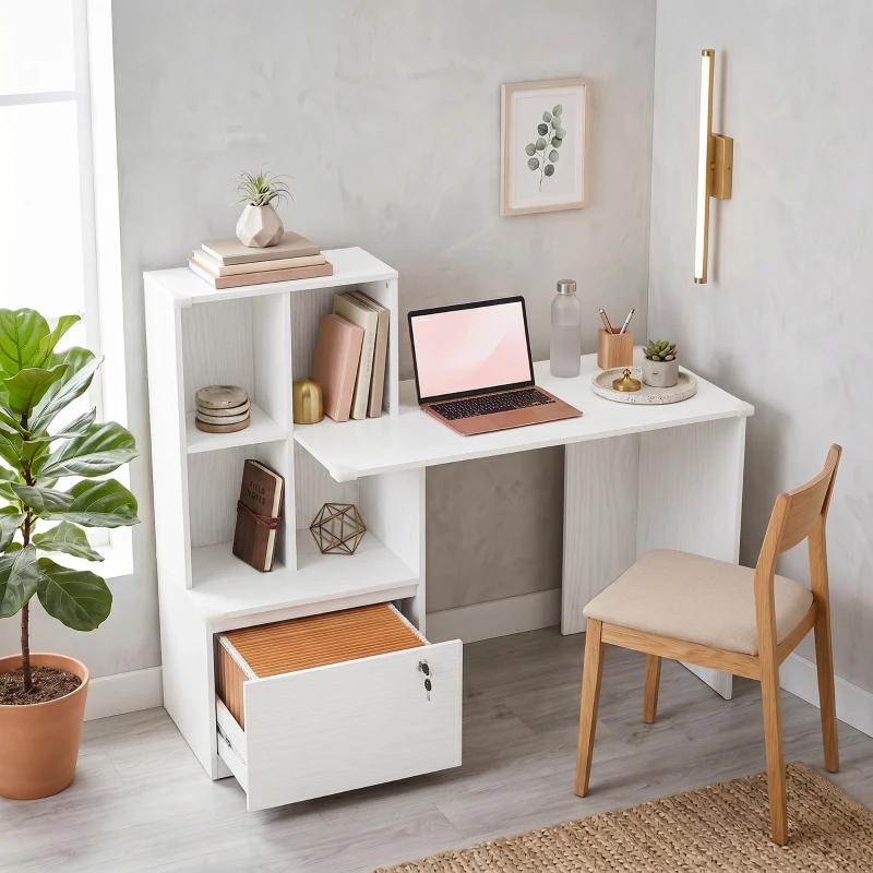HOMCOM Scrivania per Computer con Libreria, 4 Scomparti e Cassetto con Serratura, 126x50x109 cm, Effetto Legno Bianco