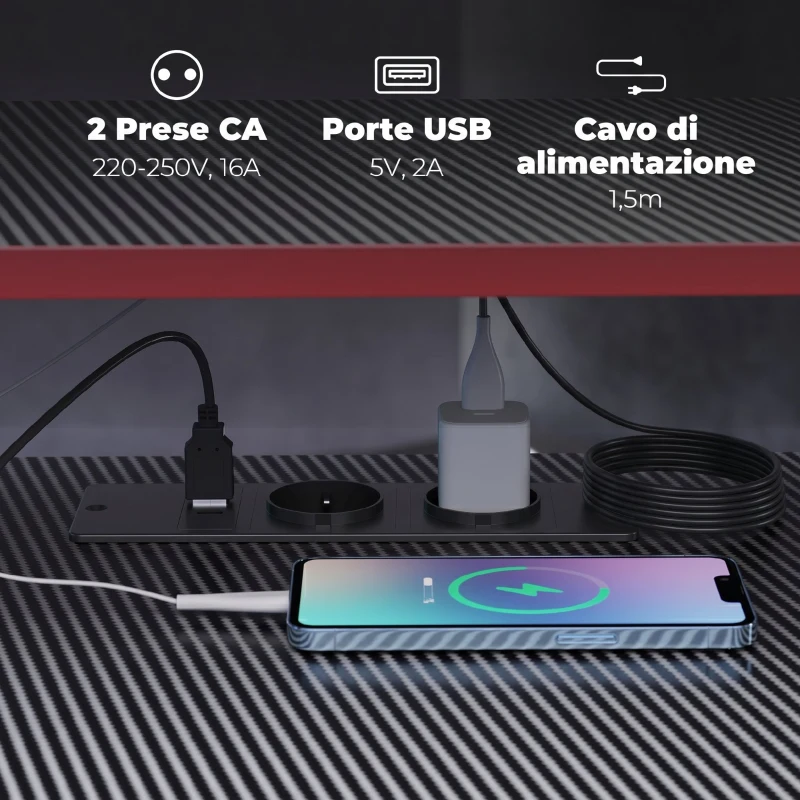 HOMCOM Scrivania Angolare con Prese di Corrente, Nero Carbonio