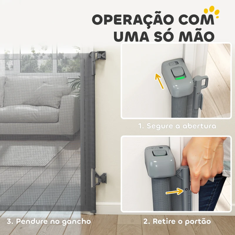 PawHut Barreira de Segurança Retrátil para Cães Extensível até 140 cm de Largura para Escadas e Portas Cinzento