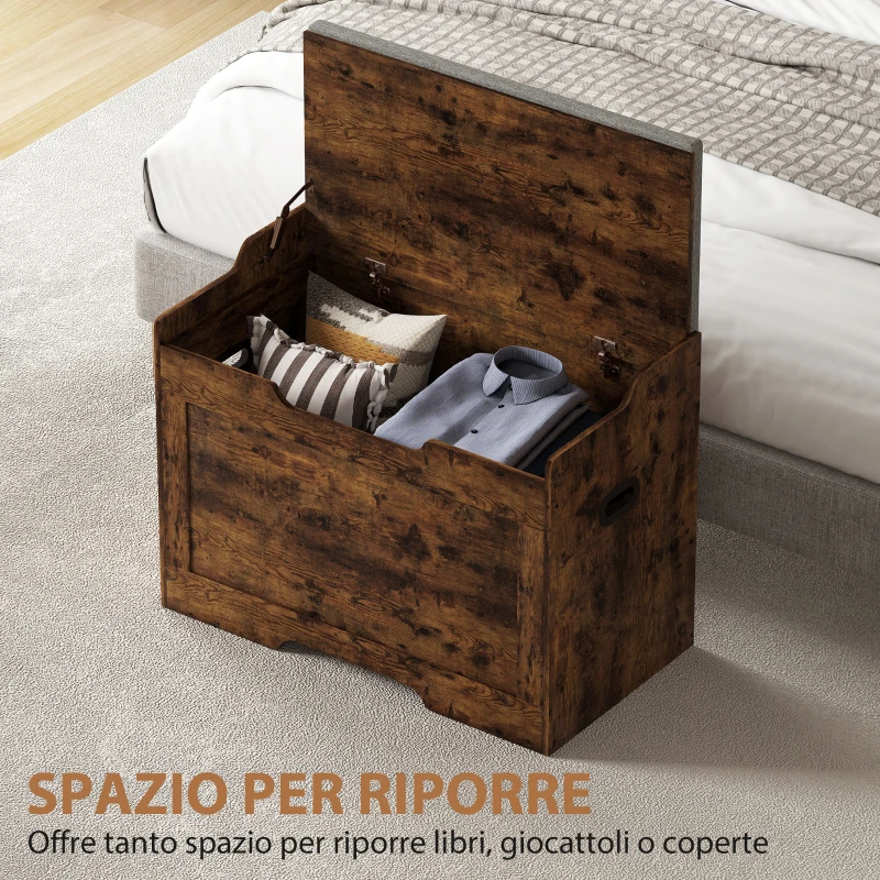 HOMCOM Panca Contenitore da 103L Multifunzione color Legno con Cuscino in Tessuto Grigio, 75x40x56 cm