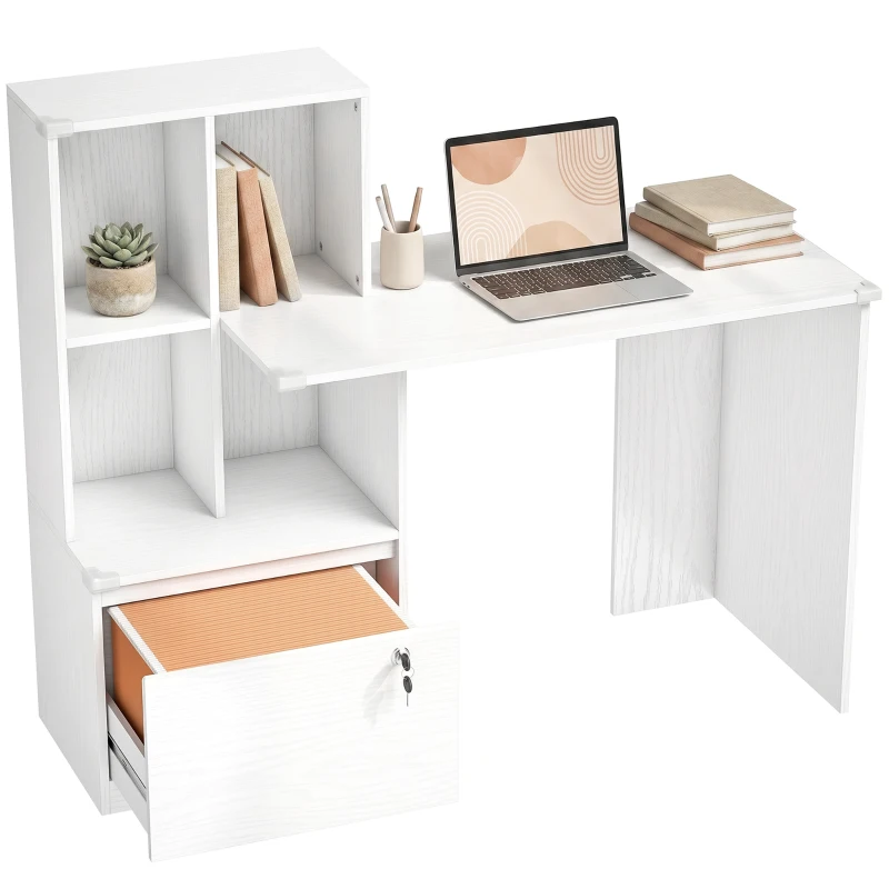 HOMCOM Scrivania per Computer con Libreria, 4 Scomparti e Cassetto con Serratura, 126x50x109 cm, Effetto Legno Bianco