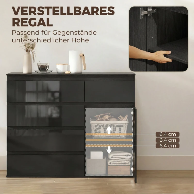 HOMCOM Modernes Sideboard, Stauraum-Sideboard mit 5 Schubladen, verstellbarem Regal, Soft-Close-Tür, Schwarz Hochglanz