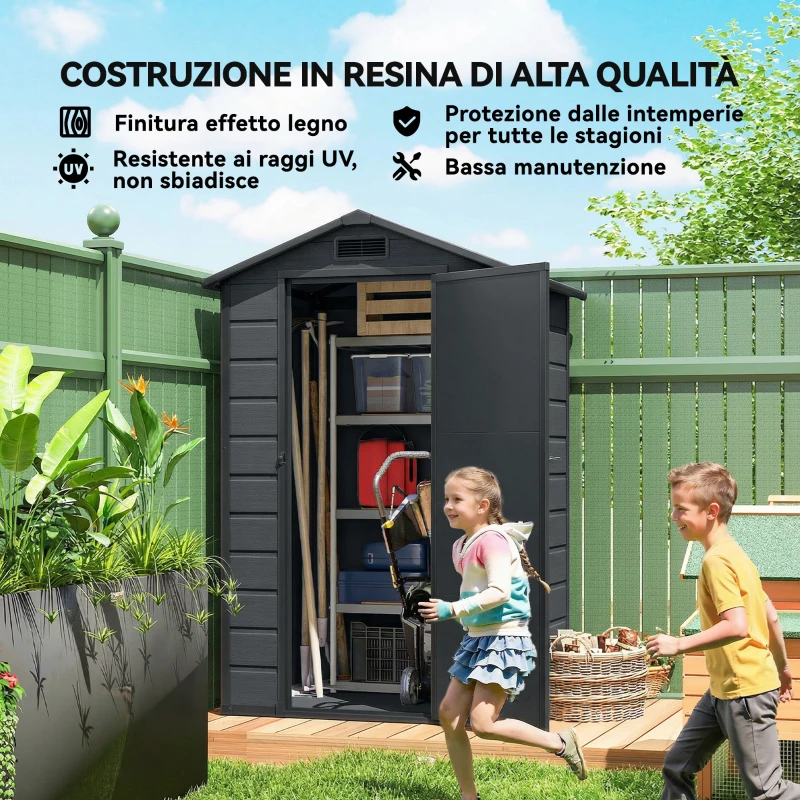 Outsunny Casetta per Attrezzi a 2 Ingressi con Finestre e Prese d'Aria, in PP e Alluminio, 128x104x196 cm, Grigio Scuro