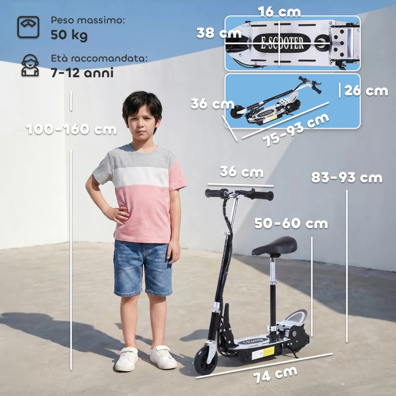 HOMCOM Monopattino Elettrico Pieghevole con Sella, 2 Ruote e Manubrio Regolabile, Bambini 7-12 Anni, 81.5x38x94cm, Nero