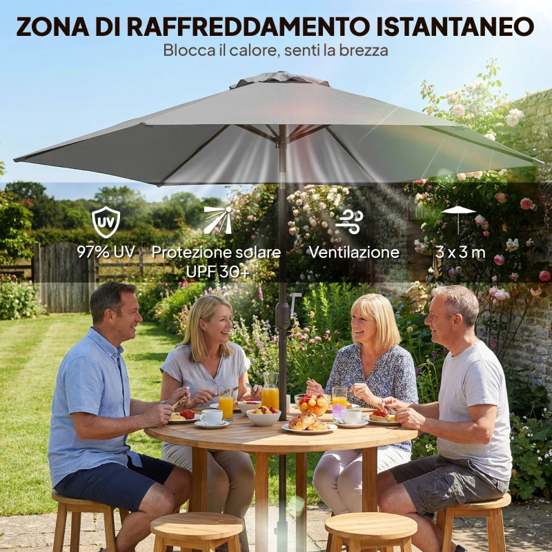 Outsunny Ombrellone da Giardino 3x3 m Inclinabile con Apertura a Manovella, in Metallo e Poliestere, Grigio