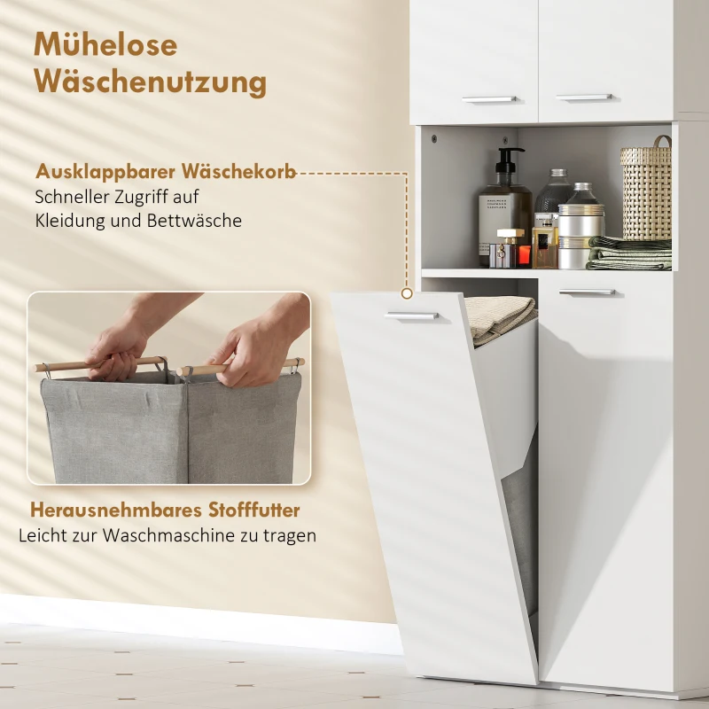 HOMCOM 174 cm hoher Badezimmerschrank mit ausklappbarem Wäschekorb und Soft-Close-Türen, Weiß