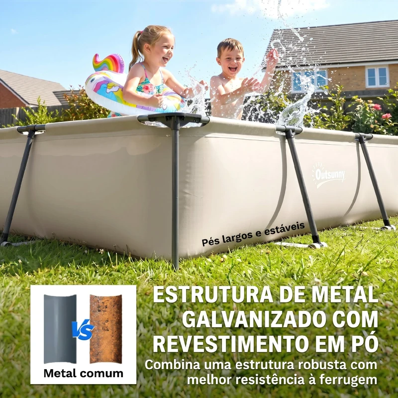 Outsunny Piscina Desmontável Tubular 316x238x66,5 3701 L Piscina Retangular com Estrutura Metálica para 2-4 Pessoas Cinzento