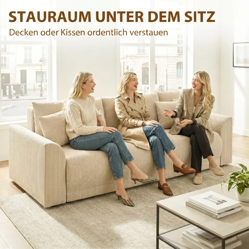 HOMCOM Schlafsofa 190x150cm 3-Sitzer Sofa mit Schlaffunktion, Kissen, Stauraum, Cord-Optik für Wohnzimmer, Beige